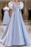 Modest Princess Short Sleeves Long Blue Satin Prom Dress