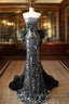 Modest Silver Mermaid Strapless Sequin Tulle Long Prom Dress Formal Evening Dress