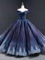 Navy Blue Ball Gown Leaf Appliques Beading Prom Dress