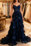 Navy Blue Lace Layered A Line Prom Dress