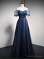 Navy Blue Long Off Shoulder A-line Prom Dress, Blue Formal Dress