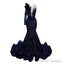 Navy Blue Mermaid One Sleeve Prom Dresses Sequined Lace Jewel Ruffles Evening Party Dress with Appliques