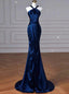 Navy Blue Mermaid Satin Halter Prom Dress