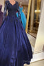 Navy Blue Satin Ball Gown Prom Dress Lace Long Sleeves