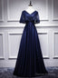 Navy Blue Satin Lace V-neck Bat Pearls Prom Dress
