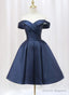 Navy Blue Satin Off Shoulder Knee Length Party Dress, Navy Blue Homecoming Dress