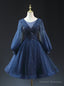 Navy Blue Sequins Long Sleeve Beading Homecoming Dress