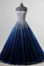 Navy Blue Strapless Floor Length Prom Ball Gown with Beading Sequins, Prom Dresses,Formal Dresses