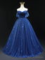 Navy Blue Tulle Off the Shoulder Pleats Prom Dress