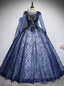 Navy Blue Tulle Sequins Long Sleeve Appliques Quinceanera Dress