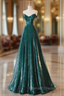 New A-Line Dark Green Prom Dress, Off-The-Shoulder Prom Dress With Cape, Sweeping Tail Prom Dress