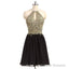 Newest Unique Beading Halter Lace Appliques Top Black Chiffon Skirt Open Back Homecoming Dress