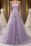 Light Purple Lace Applique A Line Spaghetti Straps Prom Dress Evening Gown