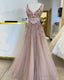 Nude Tulle Prom Dresses V Neck Beaded
