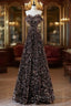 Off Shoulder A-Line Coffee Gold Sequin Long Prom Dress, Coffee Gold Evening Dress