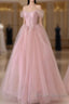 Off Shoulder Beading Pink Tulle Princess Prom Dress