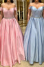 Off Shoulder Blue Long Prom Dress with Belt, Pink Formal Dress, Blue Evening Dress
