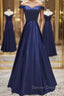 Off Shoulder Blue Satin Long Prom Dress, Off Shoulder Blue Formal Dress, Blue Evening Dress
