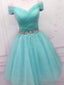 Off Shoulder Blue Tulle Prom Dresses, Cute Blue Homecoming Dresses