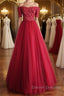 Off Shoulder Burgundy Lace Long Prom Dress, Burgundy Lace Formal Dress, Burgundy Evening Dress