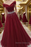Off Shoulder Burgundy Tulle Long Prom Dress with Sequins, Burgundy Tulle Formal Evening Dress