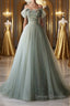 Off Shoulder Green Tulle Floral Long Prom Dress, Off the Shoulder Green Formal Evening Dress with 3D Flowers