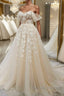 Off Shoulder Light Champagne Tulle Lace Long Prom Dress, Light Champagne Lace Formal Evening Dress