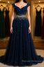 Off Shoulder Sequins Dark Blue Long Prom Dress, Dark Blue Formal Dress, Off Shoulder Evening Dress