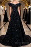 Off the Shoulder Black Sequin Prom Dress, Black Long Formal Evening Dress