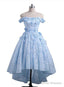 Off the Shoulder Blue Prom Dresses Lace Applique, High Low Prom Dress