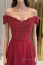 Off The Shoulder Floor Length Burgundy Lace Prom Dress, Burgundy Off Shoulder Lace Bridesmaid Dress