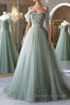 Off the Shoulder Green Tulle Long Prom Dress, Green Tulle Off Shoulder Formal Evening Dress