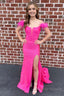 Off The Shoulder Hot Pink Mermaid Long Prom Dress with Feathers