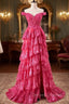 Off The Shoulder Hot Pink Sequin Tiered Prom Dress With Slit