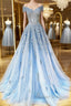 Off the Shoulder Light Blue Lace Prom Dress, Off the Shoulder Blue Lace Formal Evening Dress