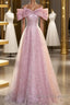 Off The Shoulder Pink Sequin Sparkle Prom Dress