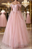 Off the Shoulder Pink Tulle Prom Dress, Pink Tulle Long Formal Graduation Dress