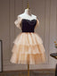 Off The Shoulder Short Black Champagne Prom Dresses, Short Black Champagne Graduation Homecoming Dresses