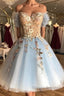 Off the Shoulder Short Blue Lace Floral Prom Dress, Off the Shoulder Short Blue Lace Graduation Homecoming Dress
