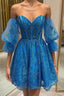 Off the Shoulder Short Blue Lace Prom Dress, Short Blue Lace Formal Homecoming Dress
