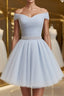 Off the Shoulder Short Gray Prom Dress with Coset Back, Short Beaded Gray Graduation Homecoming Dress