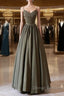 Olive Green Spaghetti Strap Satin Long Prom Dress, A-Line V Neck Party Dress