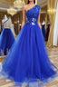 One Shoulder Backless Royal Blue Lace Long Prom Dress, Royal Blue Lace Formal Dress, Backless Royal Blue Evening Dress