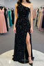 One Shoulder Black Sequins Mermaid Long Prom Dress, Black Sequins Mermaid Long Prom Dress