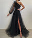 One Shoulder Black Tulle Prom Dress A Line Split Formal Gown Event Dress