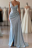 One shoulder blue prom Dress in mermaid pleats