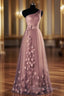 One-Shoulder Long/Floor-Length A-Line/Princess Tulle Prom Dress With Flowers Waistband