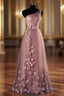 One-Shoulder Long/Floor-Length A-Line/Princess Tulle Prom Dress With Flowers Waistband