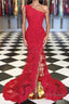One Shoulder Mermaid Red Lace Long Prom Dress with High Slit