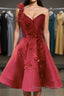 One Shoulder Open Back Burgundy Floral Short Prom Dress, Wine Red Floral Formal Evening Homecoming Dress